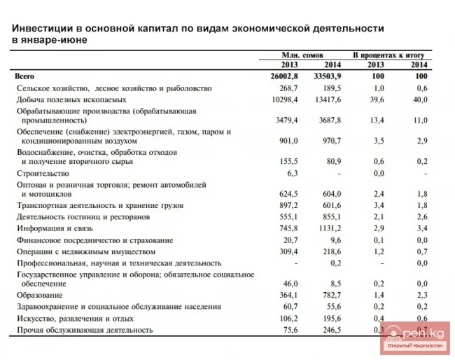 Экономикалык ишмердүүлүктүн түрлөрү боюнча негизги капиталга инвестициялар январь-июнь