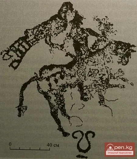 Kök-Sai. Stones with drawings of a horseman with a bird and Turkic inscriptions