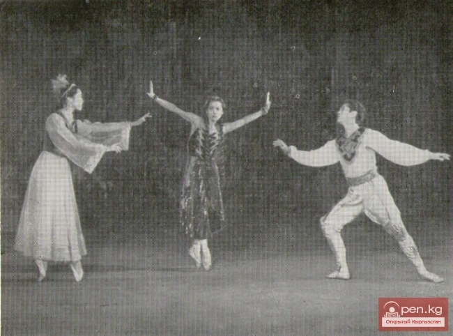 Балет «Чолпон» (1957-жылдагы коюу), биринчи картина. Ролдордо: Айдай — С. Джокобаева, Чолпон — Р. Чокоева, Нурдин — У. Сарбагишев.