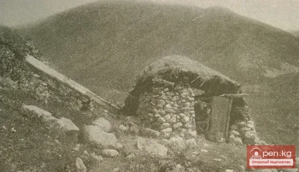Native mill. External view (trough and building). The Tegirmenti area, the valley of the river Bolshoy Kemin, Pishpek district, Mountain Semirechye, 1925.