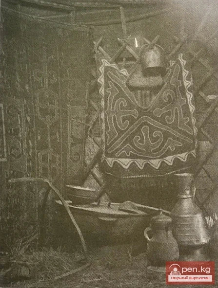 Corner inside the yurt (to the right of the entrance near the kitchen). Osh District. Alai Valley. Kyrgyzstan. -1930- Received by the Russian Ethnographic Museum from the Central Museum of the Kyrgyz ASSR. Russian Ethnographic Museum. No. 5152-29