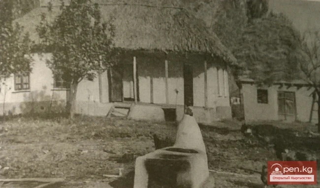 Collective farmer's estate. House and outbuildings. Stove for cooking. Village of Bukara, collective farm named after Lenin, Erkin-Sai village council, Panfilov district, Frunze region. 1954. Photo from the collection of E.I. Makhova. Archive of the Institute of Ethnology and Anthropology of the Russian Academy of Sciences