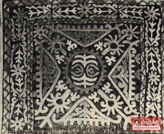 Рис. 62. Вышивка цветным шелком на черной бархатной подвесной полке «кош джабык» (швы «ильме», «ильмедос»). Наукатский р-н