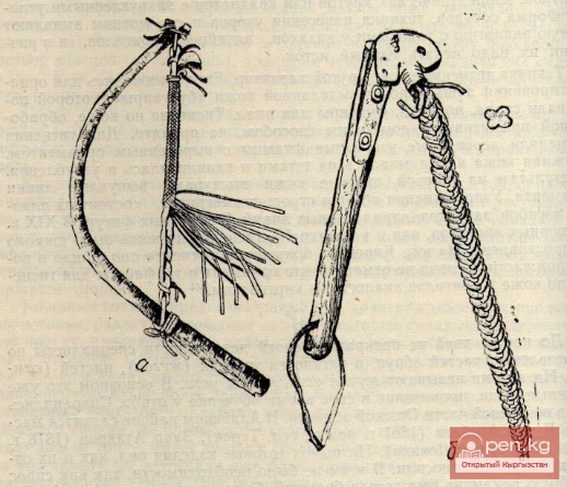 a — “iychi” — a tool for weaving; b — whip “buldursun”.