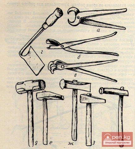 а — щипцы «кычкач»; б, в — щипцы «амбыр»; г—инструмент для срезания нароста копыт у лошадей «сымтарач»; д — кувалда «базган»; е — молот «балка»; ж — молот «кескич»; з — молот «калам тарач»; и — молот«така балка».