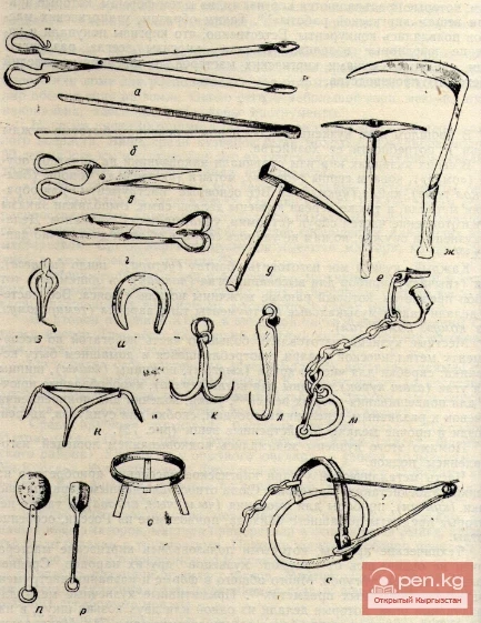 а, б — щипцы для угля «аташ курок»; в, г, — ножницы «кайчи»; д, е — кайла «чукул дук»; ж — серп «орок»; з — музыкальный инструмент «темир комуз»; и — подкова «така»; к, л — крючья для подвешивания; м — путы «тушоо»; н, о — таган «тулга»; п — шумовка «кепкнр»; р — скребок для чистки котла «кыргыч»; с — «капкан».