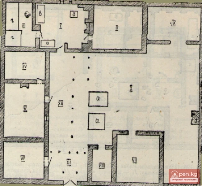 Тойчубай Джакыбаевдин үйүнүн планы. Кара-Джигач, Фрунзе району.  — жашоочу бөлмө «уй»;	// — «отункана»; ///, IV — кампа «сукён»; V — жашоочу бөлмө «уй»; VI — «аткана»; VII — сиырлар үчүн сарай «малкана»; VIII — «аткана»; IX — койлор үчүн коргоо «коргон»; X — короо «короо»; XI — үйгө кирүүчү эшиктин чатыр «дарваза айван»; XII — «айван»; а — стол-кровать «сере»; б — «аврез»; в — «тор»; г — дан сактоочу коргоо «кампа»; д — «тандыр».