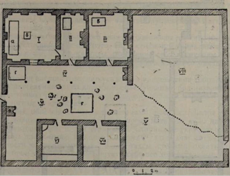 . Разия Абдулаева усадьбасынын планы. Кара-Булак айылы, Баткен району I — «менманкаиа»; II бөлмө «дализ»; III — жашоочу бөлмө «уй», IV — «айван»; V — «короо»; VI — ат сарайы «агыл»; VII — хлев «малка- на»; VIII — бакча «Чарвак»; а — «тор»; б — «сандал»; в — «сандык»; г— «сере»; д — меш «тандыр».
