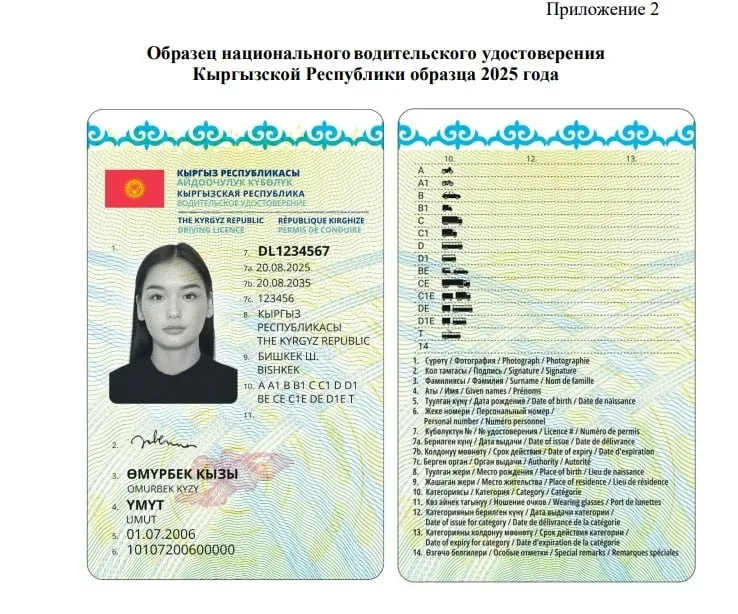 Approved sample of the national driver's license of Kyrgyzstan for the year 2025