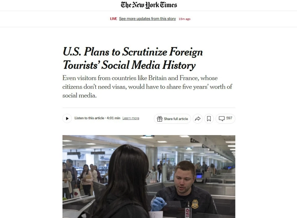 In the USA, plans are being made to check social media of tourists entering the country.