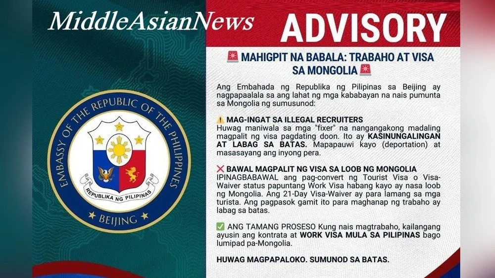 The Philippine Embassy warns Filipinos about visa scams in Mongolia