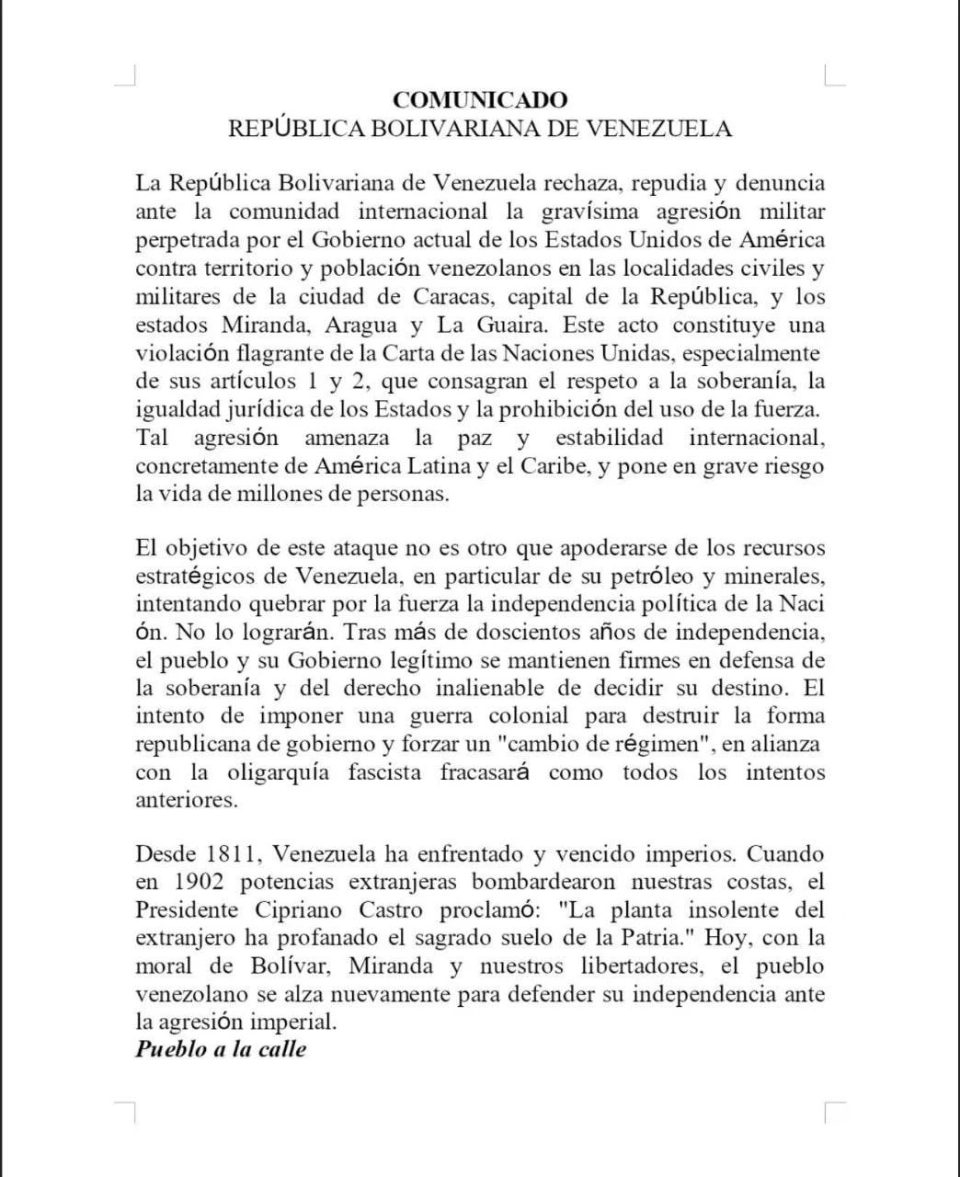 The Situation in Venezuela. A State of Emergency Declared in the Country After the US Attack